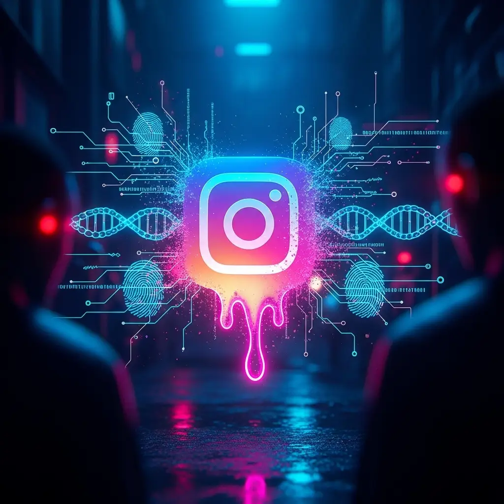 Instagram emotional tracking biometric data surveillance theme with shadow figures