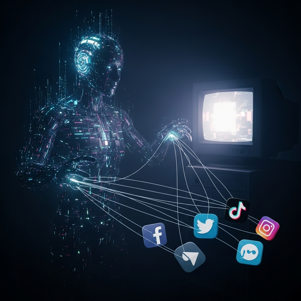 AI moderator silhouette controlling social media posts from behind the scenes.