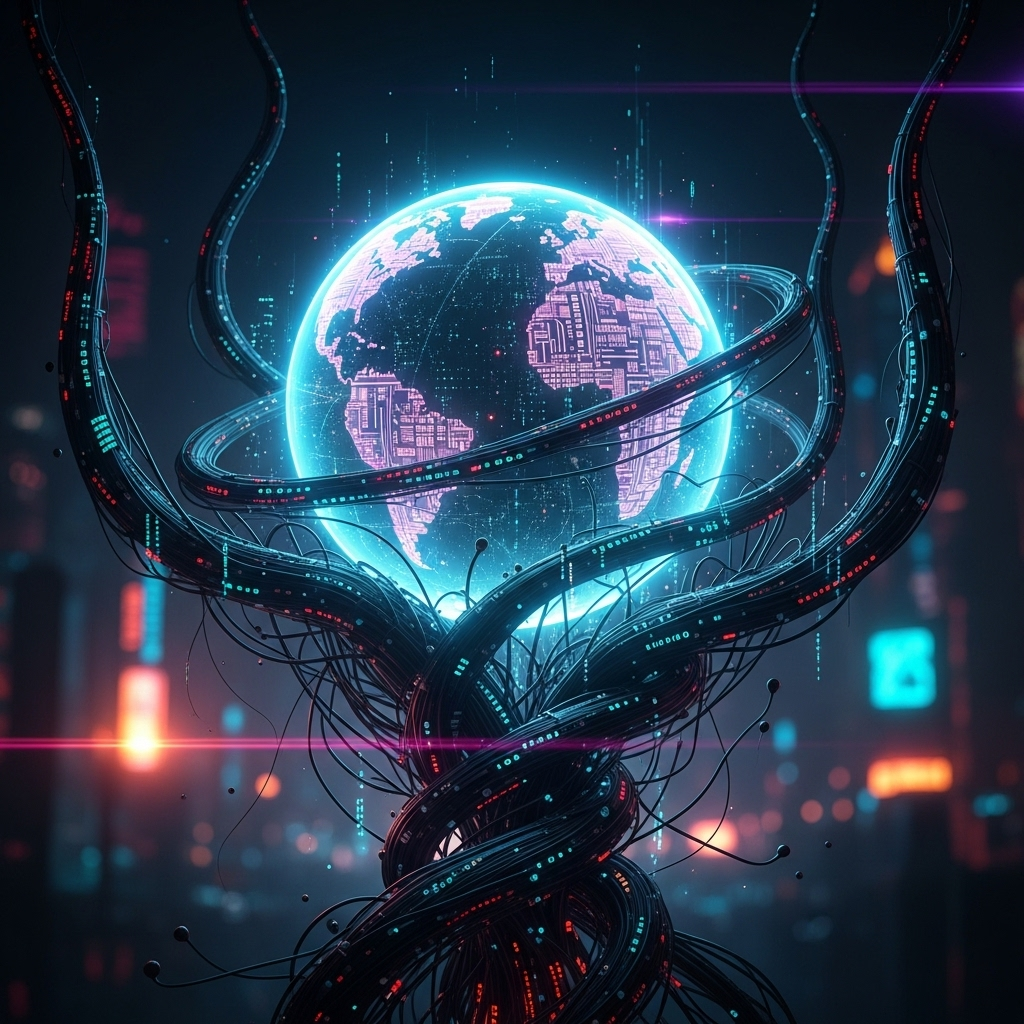 Shadowy AI code tendrils enveloping a glowing Earth.