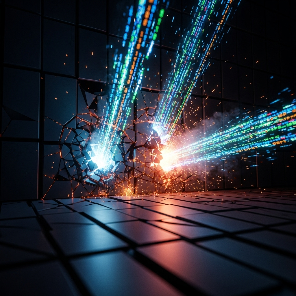 Code streams breaking through a cracked digital firewall.