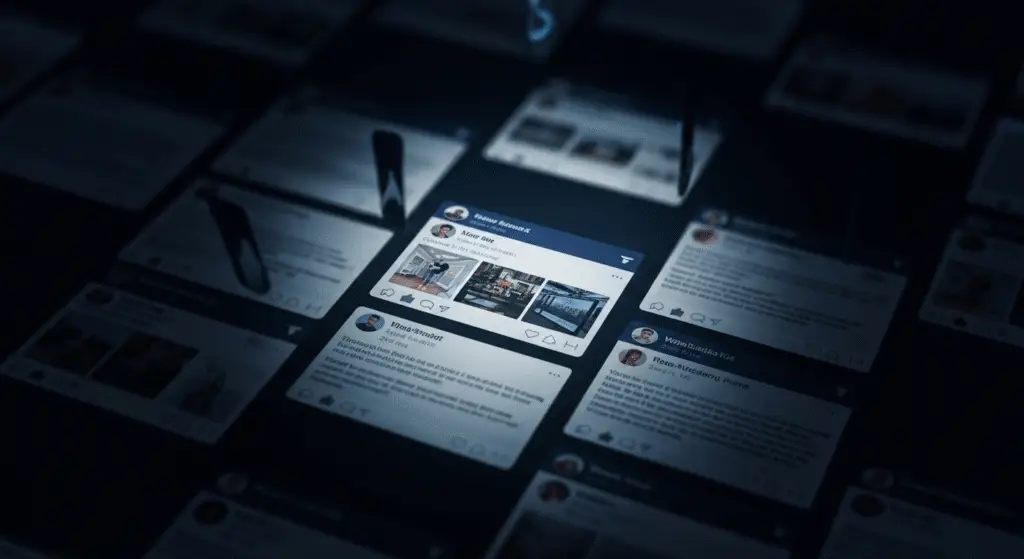 Facebook shadow feed showing hidden posts blurred out of view.