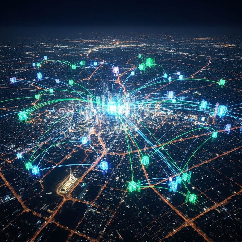 Futuristic network diagram showing data flow across a city.